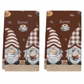 2 Packs Kitchen Towels and Dishcloths Sets, Brown Cute Gnomes Coffee Time 18 x28 Inch Cotton Dish Towel, Absorbent Quick Drying Hand Towels for Living Room Kitchen Decor Tea Towel