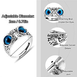 2 PCS Owl Ring Retro Animal Open Ring Adjustable Owl Ring Open Animal Rings Statement Ring Jewelry for Women Girls Men (Blue)