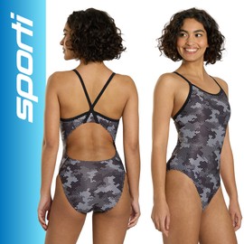 Sporti HydroLast Digi Camo Thin Strap One Piece Swimsuit for Girls & Women – Chlorine Proof Training Bathing Suit, UPF 50+ Competition Swimwear - Black - 36