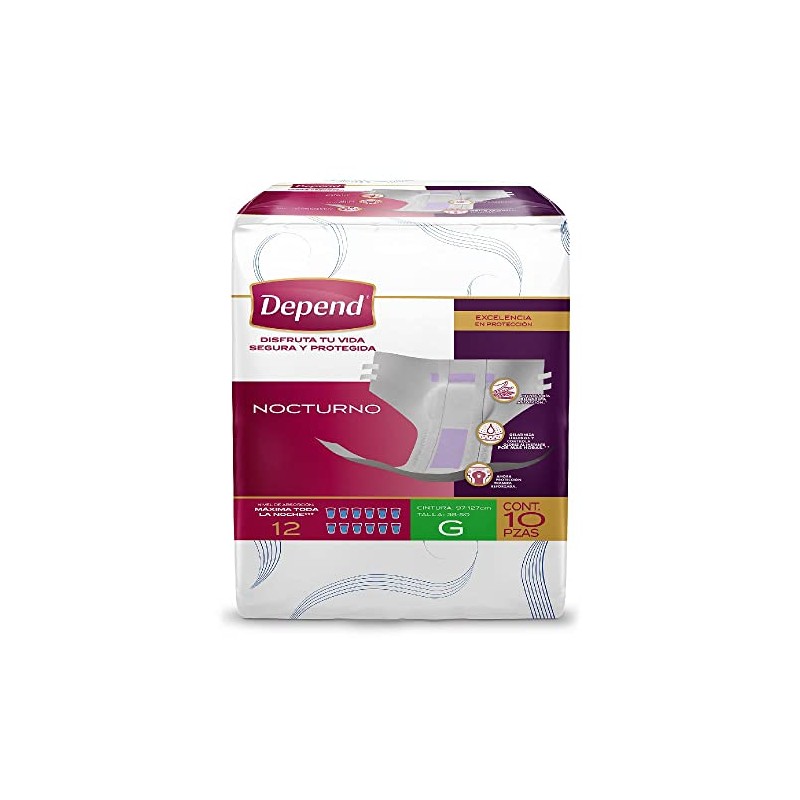 Depend Nocturno, Pañal para Adulto, Grande, 10 Piezas
