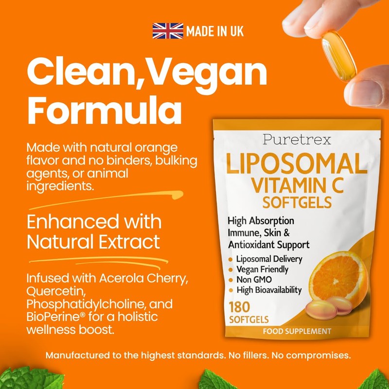 Puretrex Liposomal Vitamin C Softgels, High Absorption, Vegan, Non-GMO, 180