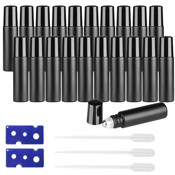 20PCS Roller Bottles 10mL Essential Oil Ultra Thick Matte Black Frosted Glass (2 Openers+3 Pipettes Value Pack), Stainless Steel Roller Balls w/Black Cap