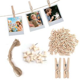Natural Wooden Small Clips,Clothes Pins – 150 Mini Wooden Photo Clips with 10m Hanging Twine & 10 Photo Pins, Perfect for DIY Displays & Crafts