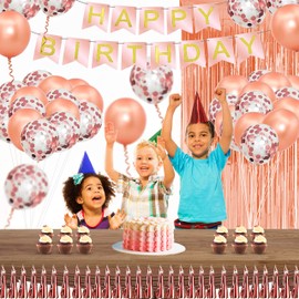Braty Decorations Happy Birthday Rose Gold Banner Decoration Set with Confetti Balloons and Rose Gold Balloons, Rose Gold Foil Tassel and Rose Gold Foil Curtain, Rose Gold Birthday Decoration