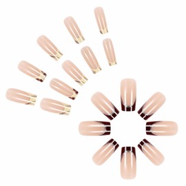 MERVF Long Square Press on Nails Fake Nails Brown French Tip Glue on Nails Amber Press ons Acrylic Nails Glitter Lines Design Squoval False Nails for Women Glossy 24pcs