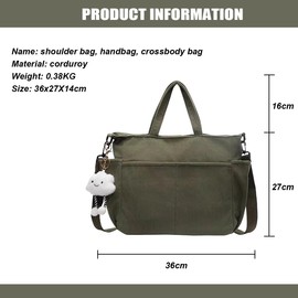 CCAIPU Women's Handbag, Corduroy Shoulder Bag, Large Shopping Bag Suitable for Work, Office, Travelling, Shopping, School and other Occasions. (Green)