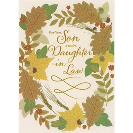 Designer Greetings Oval Border of Fall Foliage and Acorns with Orange Foil Accents Thanksgiving Card for Son and Daughter-in-Law