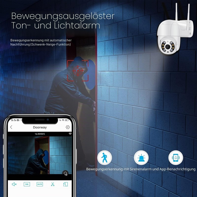 Anksono 2MP Outdoor WiFi Surveillance Camera, 350°/90° Swivelling PTZ Outdoor