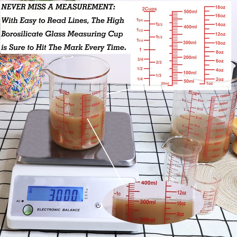 High Borosilicate Glass Measuring Cup Set-V-Shaped Spout，Includes 250ml(8OZ), 500ml(16OZ), and