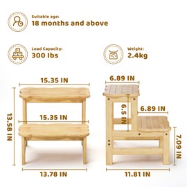COSYLAND Step Stool for Toddlers - Two Step Stools Toddler 300 lbs Capacity with Safety Non-Slip Design, Natural Step Stool for Bathroom, Kitchen Dual Height Step Stools for Kids Natural