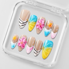 Zfans Almond Shape DreamWear Collection - 100% Handcrafted 3D Press-On Nails | Reusable, Long-Lasting, Salon-Quality Mint Bloom Eco-Friendly Nail Art Set:_Mint Pop Blossom_m