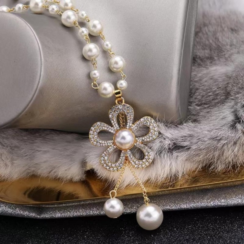 Simulated Pearl Rhinestone Flower Pendant Long Chain Sweater Necklace Fashion
