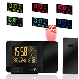 ALLOMN Digital Projection Alarm Clock, Indoor Outdoor Temperature, Weather Forecast, Date Display for 12/24H Time of Day, Snooze Function, USB Charging Port, 8 Backlight Colours Switchable