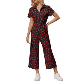 Zwurew Valentine's Day Women's Short Sleeve Jumpsuits Love Heart Graphic Zip Up Long Pants Romper with Pockets