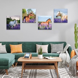 OTOSTAR 4 Pieces Wall Art Canvas Prints - Purple Lavender and Horse Picture Painting - Modern Wall Artwork Framed for Gifts Bathroom Home Kitchen Office Decor - 12 x 12 Inch