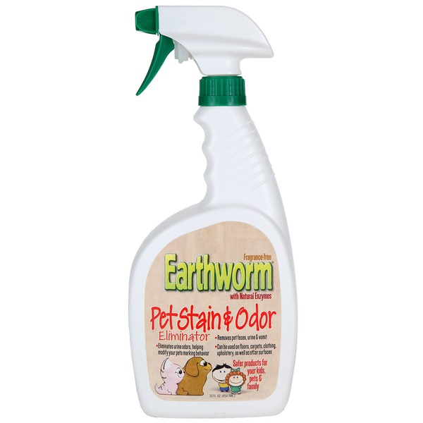Earthworm Pet Stain Remover & Odor Eliminator - Urine Eliminator Natural Enzyme Formula, Fragrance Free Spray - 22 oz