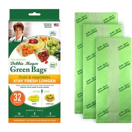 Debbie Meyer GreenBags 32-Pack (16M, 8L, 8XL) – Keeps Fruits, Vegetables, and Cut Flowers, Fresh Longer, Reusable, BPA Free, Made in USA