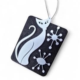 Retro Mid Century Modern Atomic Cat Christmas Tree Ornament Mid Century Modern Vintage Style Hanging Tree Decoration MCM MidMod 1960s 50s Decor (White)