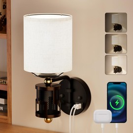 HYMELA V07-1 Vintage Wall Sconce Light with USB A+C Charging Ports, Hardwired/Plug in Wall Sconces with Dimming Knob and Linen Lampshade, Wall Lights for Bedroom Living Room Kitchen (Bulb Included)