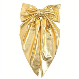 Gold Hair Bow Clip Barrettes For Women Long Tail Bows Ribbon For Hair Big Leather Hair Accessories Leather Bow Tie Long Bows Big Bow With 2 Black Hair Rings
