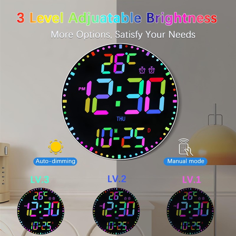 12" Large Digital Wall Clock with 12 RGB Colors &
