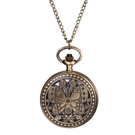 JewelryWe Father's Day Gift Pocket Watch Men's Retro Airplane/Owl/Indian Old Man/Cross Chain Watch Analogue Quartz Watch Pendant with Necklace Chain Bronze Gift for Men, Bronze Butterfly, vintage