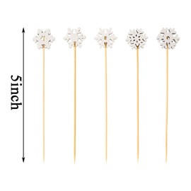Jiesky 125 Pcs 5in Christmas Snowflake Cocktail Picks, 5Kind of Bamboo Cocktail Toothpicks Fruit Food Appetizer Charcuterie Skewers Dessert Dinner for Christmas Party Decorations