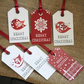 Christmas Tags 'Merry Christmas' with Birds Snowflake x 6 Xmas Gift Tags