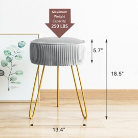 LUE BONA Pleated Vanity Stool, Velvet Upholstered Vanity Stool for Makeup Room, Round Mondern Stool for Vanity, Ottoman Footrest Stool with Metal Legs for Living Room, Bedroom, Light Gray