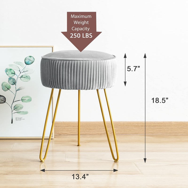 LUE BONA Pleated Vanity Stool, Velvet Upholstered Vanity Stool for