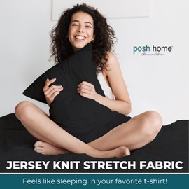 Posh Home Jersey Knit Sheet Set – 4-Piece Jersey Bed Sheets – T-Shirt Breathable & Soft Cotton Jersey Sheets - Includes Flat Sheet, Jersey Fitted Sheet, & 2 Pillowcases - King Jersey Sheets, Black