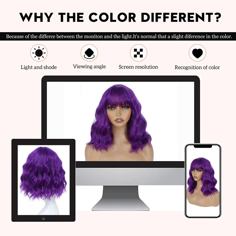 Short Wavy Purple Bob Wig with Bangs Synthetic Wigs for