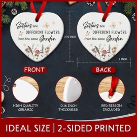 Kilyhome Sisters Gift Ceramic Christmas Ornaments, Heart Ornament, Floral Sister Gifts from Sister Women, Sister in Law, Soul Sister, Sisterhood