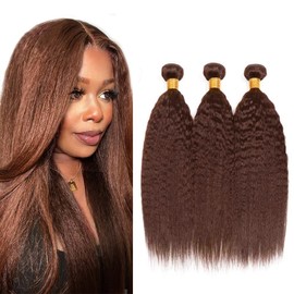 Leruikair Human Hair Bundles 22 24 26 Inch Kinky Yaki Wave Human Hair Bundles Chocolate Brown Color 4 Unprocessed Brazilian Soft Quick Weave Hair for Black Women