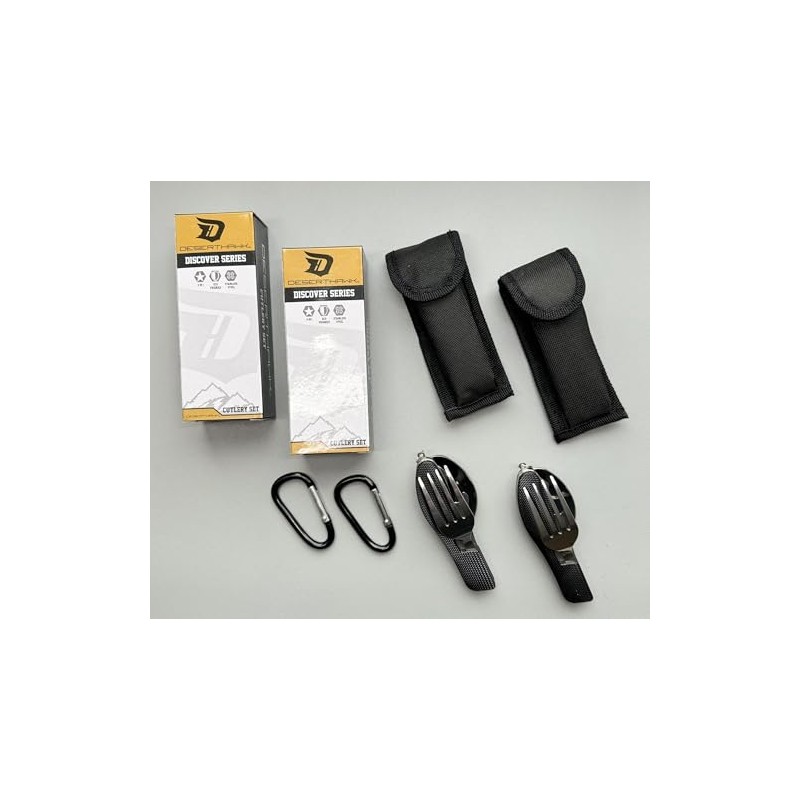 Camping 2 Piece Stainless Steel Cutlery Set with Carabiner and