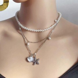 Starfish Layered Necklace Gold Cowrie Shell Necklace Summer Beach Pearl Seashell Necklaces Ocean Jewelry (s)