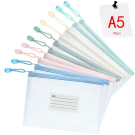 Vicloon Document Bag A5, Pack of 10 Zip Pockets with Label, Waterproof Mesh Pockets, Plastic Zip Bag for School, Office, Travel (White)