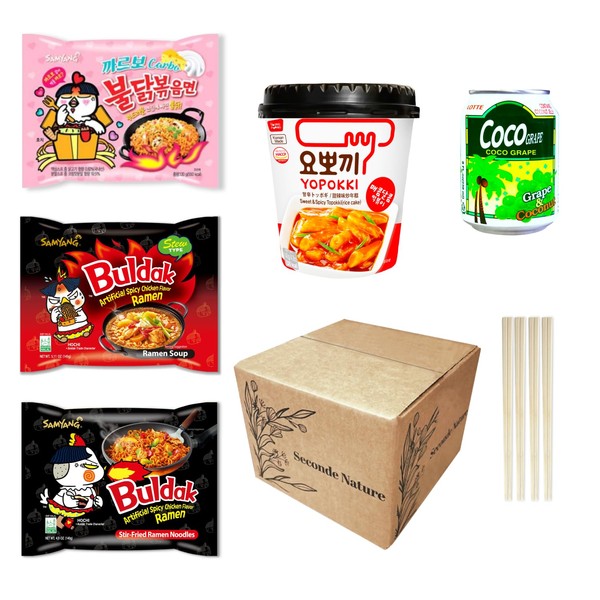 Journey of Asia "Korean Spicy Ramen Box" | 3 Buldak Ramen "Original, Jjajang, Carbo" +1 Korean Spicy Rice Cakes Tteokbokki +1 Korean Sweet Drink + 4 Chopstick | Gift For Asian Snack Box |The Fire Noodle Challenge