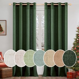MIULEE Emerald Green Linen Curtains 96 Inches Long 2 Panels for Bedroom Living Room, Soft Thick Linen Textured Window Drapes Semi Sheer Light Filtering Grommet Burlap Look Christmas Decor Dark Green