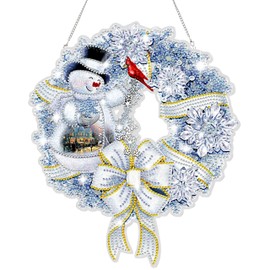 Christmas Diamond Art Painting Wreath Hanging Sign Decorations, DIY 5D Crystal Diamond Painting Garland Crafts Kits, Christmas Diamond Art Painting Crafts Kit for Home Window Door Decor Gift