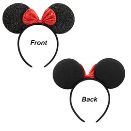 CHuangQi Mouse Ears Headband (Set of 2), Sequin Black Ear and Sequin Red Bow for Boy & Girl Birthday Party, Party Favors