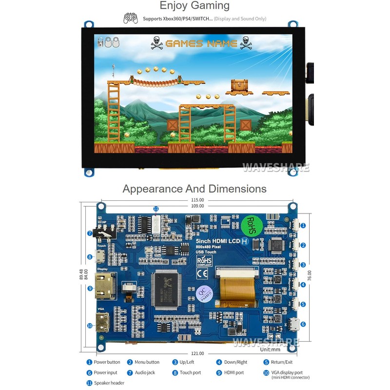 Waveshare 5 Inch HDMI Monitor Capacitive Touch Screen LCD 800x480