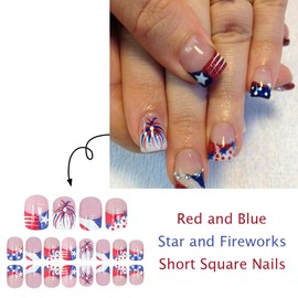 24Pcs Independent Day French Tip Press on Nails 4th of July Medium Square Coffin Fake Nails Red Blue Glitter Full Cover Glossy with Firework Design False Nails Star Glue on Nails Manicure Decoration