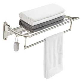 BESy 24 Inch Brushed Nickel Towel Racks, Bathroom Towel Shelf with Foldable Towel Bar Holder and Towel Hooks, Wall Mounted Multifunctional Bathroom Accessories, Double Towel Bars
