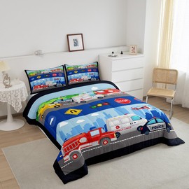 Rescue Vehicles Kids Comforter Set Twin Size,Fire Fighting Truck Police Car Ambulance Bedding Set,Boys Girls Adults Room Decor,Aircraft Cartoon Down Comforter,Colorful Duvet Insert,1 Pillowcase