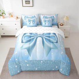 Feelyou Kids Cute Bowknot 7 Pieces Bedding Set Full Size, Dreamy Princess Comforter Set with Sheets Boys Girls Glitter Bed in A Bag Blue Bow Teens Bed Set Bedroom Decor 7Pcs