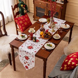 Joyfol - Camino de mesa de flores de Navidad, 14 x 86 pulgadas, bordado de flores de pascua, hojas de acebo, mesa de flores de invierno para decoraciones de fiesta de Navidad