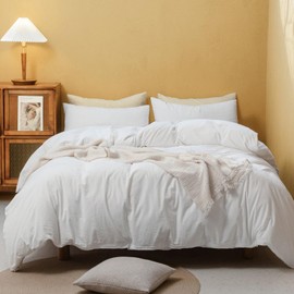 FOSSA White Duvet Cover Set, 100% Washed Cotton Linen Feel Super Soft Breathable Cozy 3 Pieces Bedding Sets Solid Off White Oversized King Plus