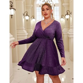IN'VOLAND Plus Size Womens Glitter Dress V Neck Long Sleeve Ruffle Hem Swing Club Cocktail Party Dresses Pink
