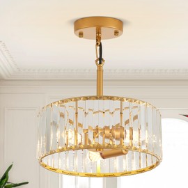 gqwemztb Modern Crystal Gold Chandelier,11.7 inch Semi Flush Mount Ceiling 3-Light Fixture with E12 Base,Round Pendant Lighting for Bedroom Hallway Bathroom Closet Foyer Dining Room Kitchen